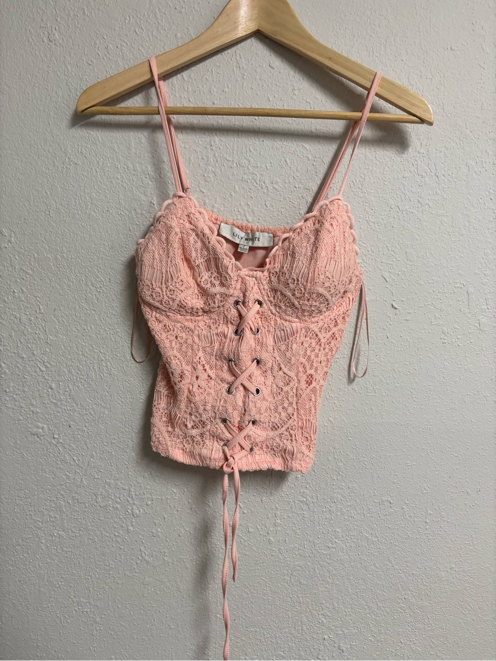 Lily White Pastel Pink Floral Lace Up Corset Cami Crop Top Small S
